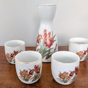 Vintage Nakagama Japanese Floral Iris Ceramic Sake Set